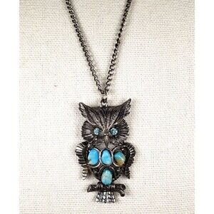 Vtg 1970's Silver Toned Owl On Branch Turquoise Chips Crystal Eyes Pendant